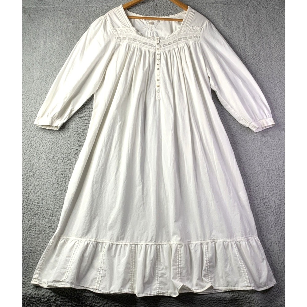 EILEEN WEST Nightgown Womens Size Large Long 100% Cotton Ivory Buttons Lace